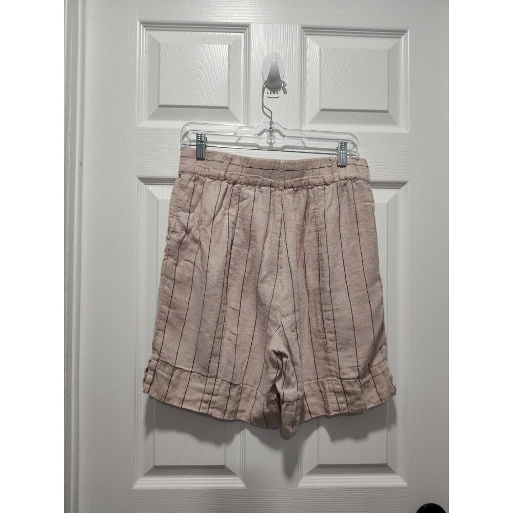 Soft Surroundings Tan Khaki Montecito 100% Linen Shorts Size‎ Small Blue Stripe - Picture 2 of 9